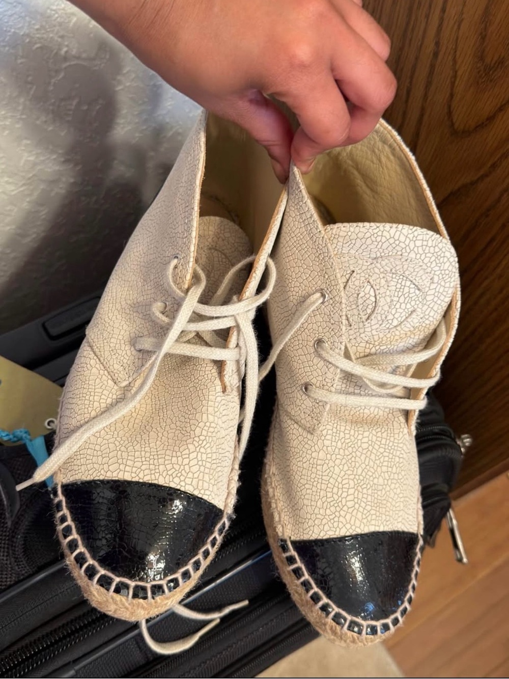 CHANEL Cream Textured Lace-Up Espadrilles with Black Patent Toe